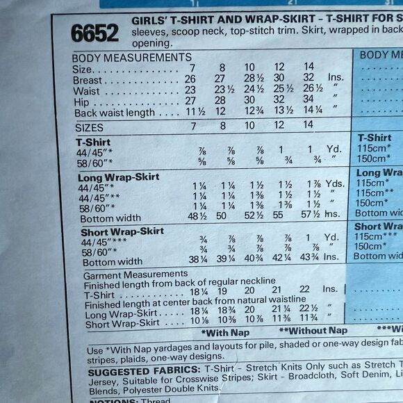 Vintage McCalls EASY SEWING PATTERN 6652 Girls TShirt & Wrap Skirt UC Sz 7 UNCUT - Picture 2 of 3